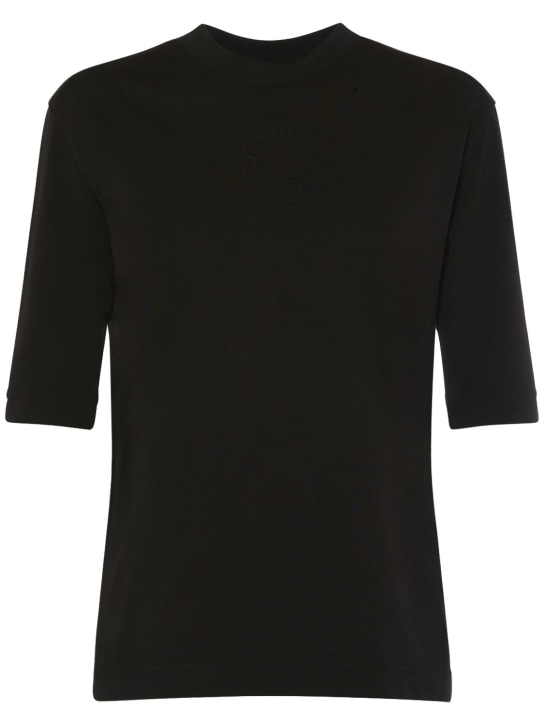 Moncler: Logo压纹棉质平纹针织T恤 - 黑色 - women_0 | Luisa Via Roma