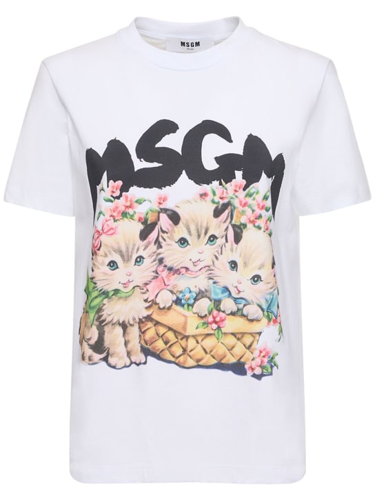 MSGM: T-shirt en jersey de coton à logo et chats - Blanc Optique - women_0 | Luisa Via Roma