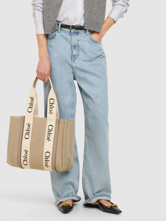 Chloé: Medium Woody canvas tote bag - Beige/Grey - women_1 | Luisa Via Roma