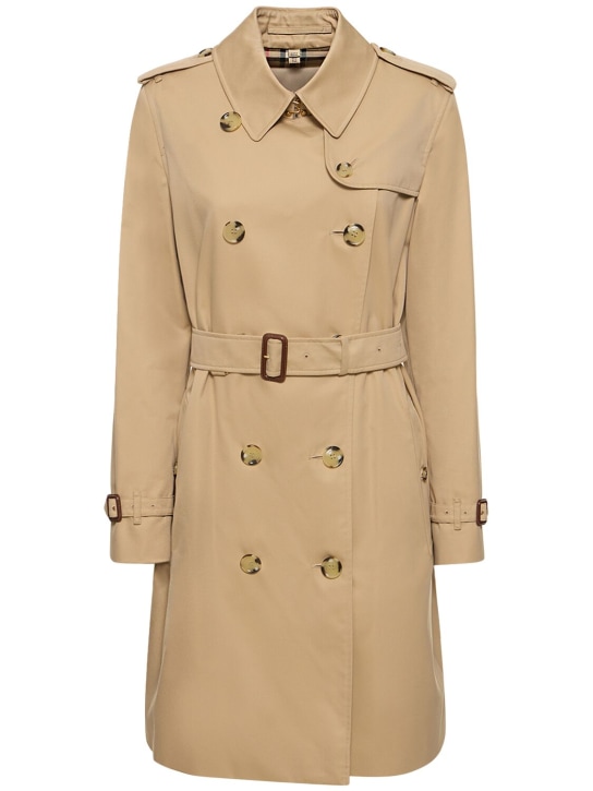 Burberry: Trench-coat mi-long en toile Kensington - Beige Foncé - women_0 | Luisa Via Roma