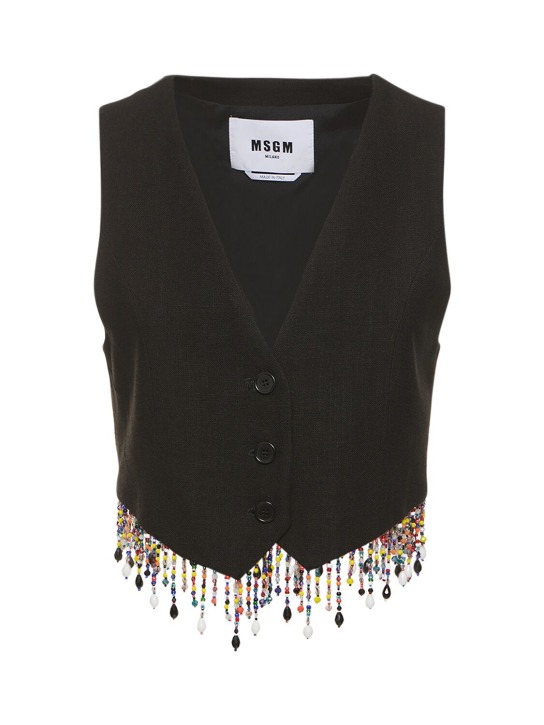 MSGM: Embellished linen blend crop vest - Siyah - women_0 | Luisa Via Roma