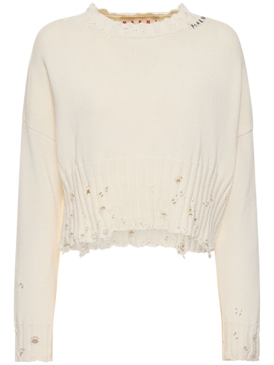 Marni: Suéter corto de algodón desgastado - Blanco - women_0 | Luisa Via Roma