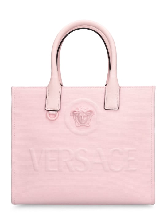 Versace: Medusa 스몰 캔버스 토트백 - 연한 핑크 - women_0 | Luisa Via Roma