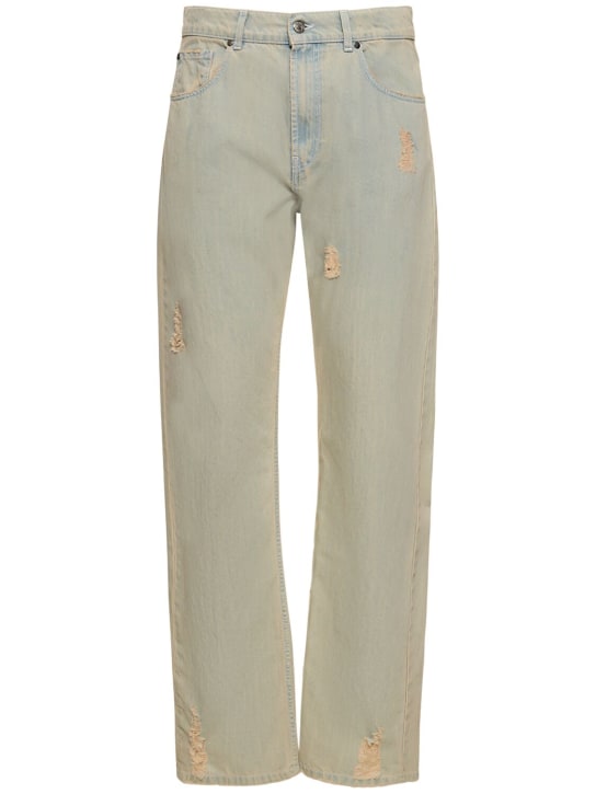 MSGM: Jeans rectos de denim de algodón desgastados - Azul Claro - men_0 | Luisa Via Roma