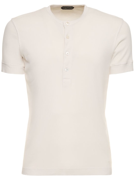 Tom Ford: T-shirt Henley in cotone e lyocell - Gesso - men_0 | Luisa Via Roma