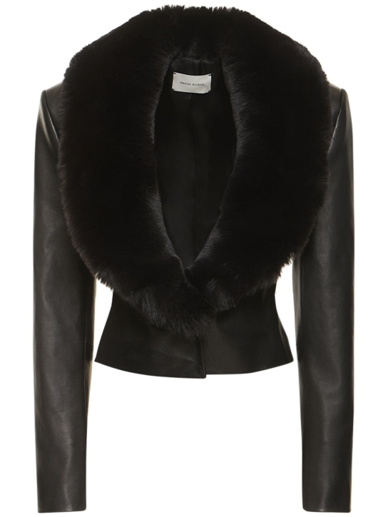 Magda Butrym: Leather detachable fur collar jacket - Siyah - women_0 | Luisa Via Roma