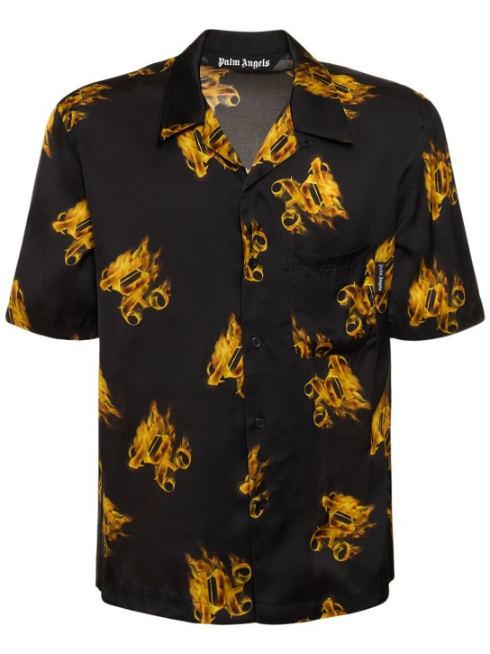 Palm Angels: Burning monogram viscose shirt - Black/Gold - men_0 | Luisa Via Roma