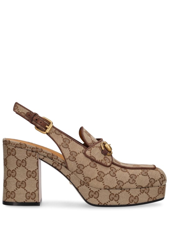 Gucci: 60毫米Horsebit帆布穆勒高跟鞋 - 檀木黑 - women_0 | Luisa Via Roma