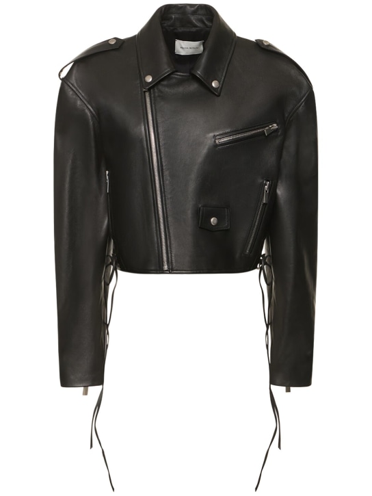 Magda Butrym: Leather cropped biker jacket - Siyah - women_0 | Luisa Via Roma