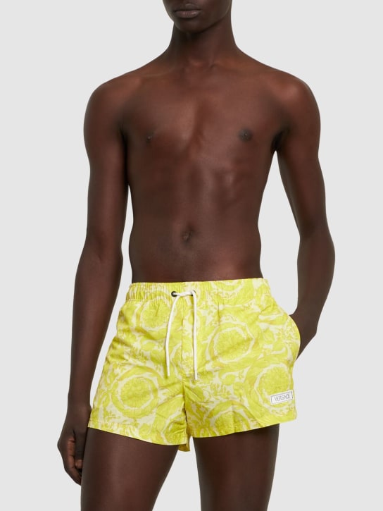 Versace: Barocco print nylon swim shorts - Mimosa - men_1 | Luisa Via Roma