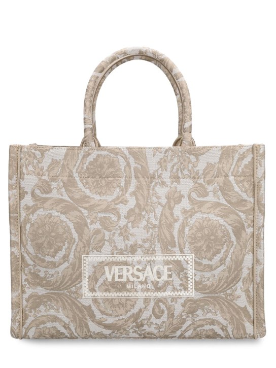 Versace: Bolso tote grande con logo jacquard - Beige - women_0 | Luisa Via Roma