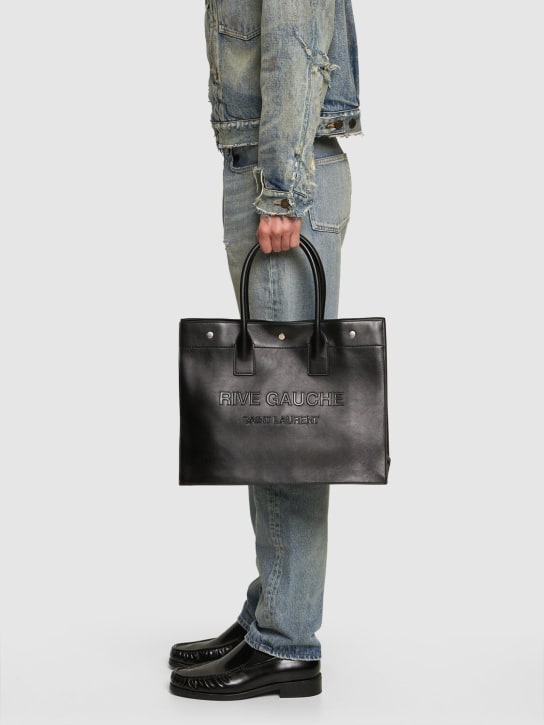 Saint Laurent: Rive Gauche small leather tote bag - Siyah - men_1 | Luisa Via Roma