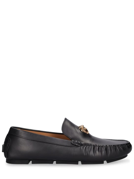 Versace: Leather medusa loafers - Black/Gold - men_0 | Luisa Via Roma