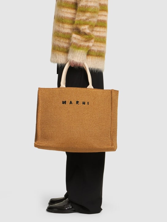 Marni: Medium logo raffia effect tote bag - men_1 | Luisa Via Roma