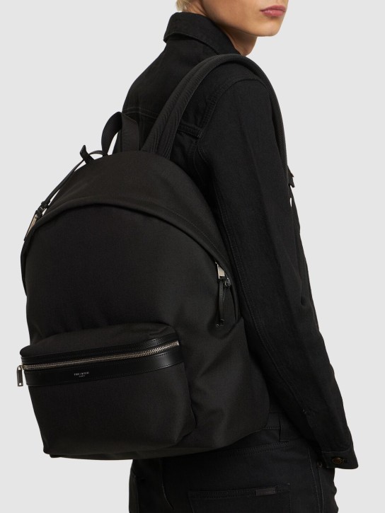 Saint Laurent: Logo nylon city backpack - Siyah - men_1 | Luisa Via Roma