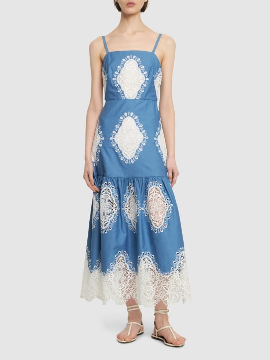 Borgo De Nor: Cordiela lace & denim long dress - Blue/White - women_1 | Luisa Via Roma