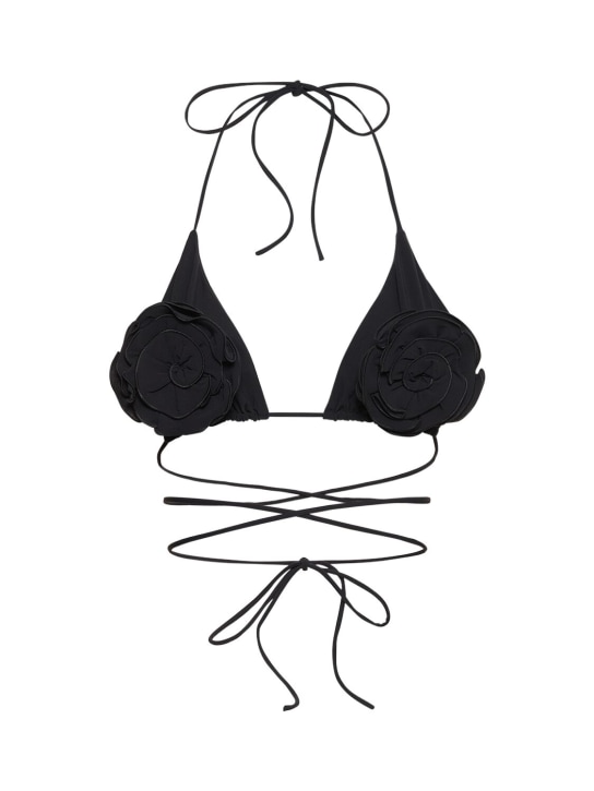 Magda Butrym: 3D花朵装饰科技织物三角形比基尼上衣 - 黑色 - women_0 | Luisa Via Roma