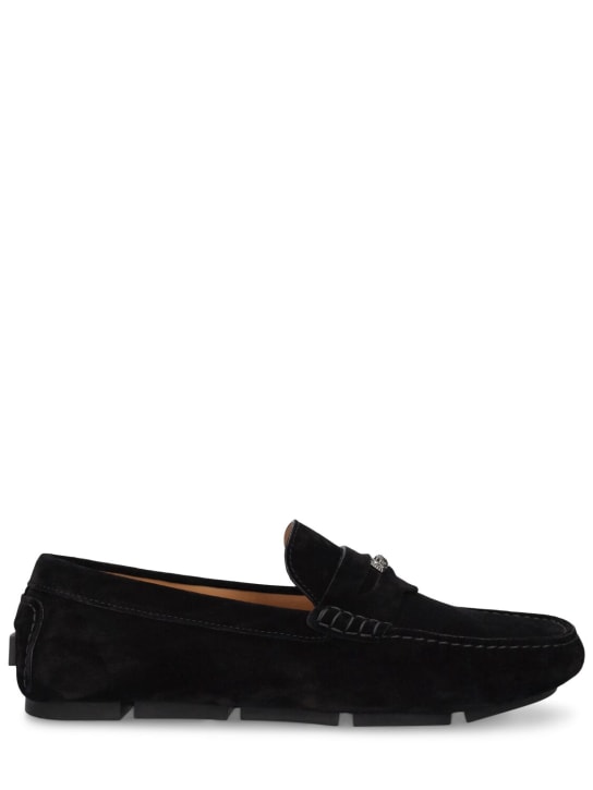 Versace: Driver leather loafers - Black/Silver - men_0 | Luisa Via Roma