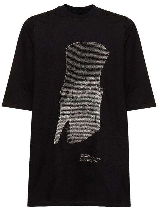 Rick Owens: T-shirt Ron Jumbo in cotone con ricamo - Nero/Perla - men_0 | Luisa Via Roma