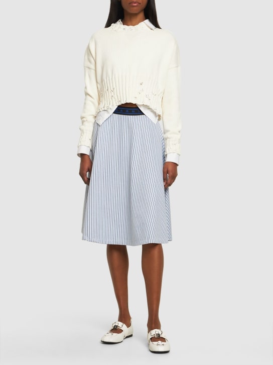 Marni: Striped cotton blend flared midi skirt - Ivory/Lightblue - women_1 | Luisa Via Roma