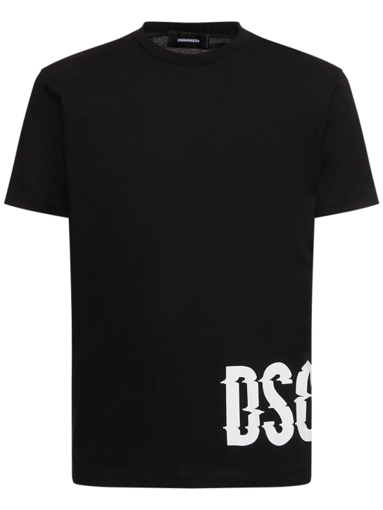 Dsquared2: T-shirt en coton imprimé logo - Noir - men_0 | Luisa Via Roma