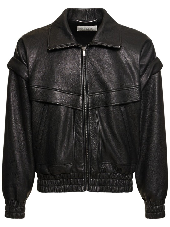 Saint Laurent: Leather bomber jacket - Siyah - men_0 | Luisa Via Roma
