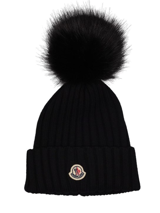 Moncler: Logo tricot wool beanie - Siyah - women_0 | Luisa Via Roma
