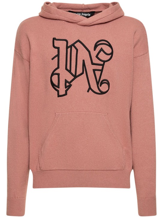 Palm Angels: Monogram knitted wool blend hoodie - Pink/Black - men_0 | Luisa Via Roma