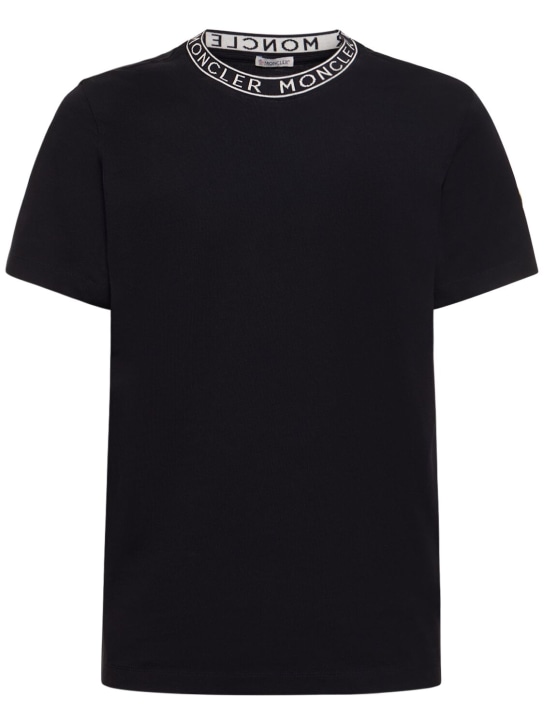 Moncler: T-shirt in jersey di cotone con logo - Blu - men_0 | Luisa Via Roma