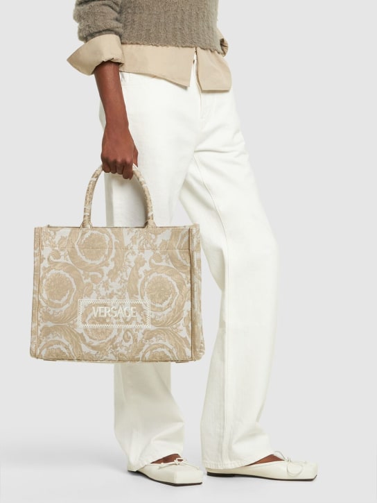 Versace: Large tech jacquard tote bag - Beige - women_1 | Luisa Via Roma