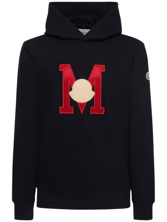Moncler: Logo cotton sweatshirt hoodie - Mavi - men_0 | Luisa Via Roma