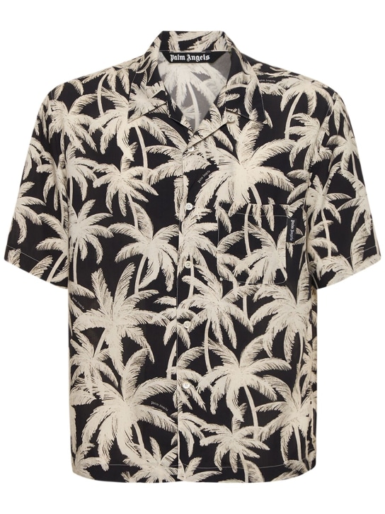 Palm Angels: Camisa de viscosa con estampado - Negro/Blanco - men_0 | Luisa Via Roma