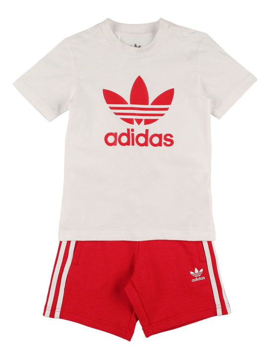 adidas Originals: Logo print cotton t-shirt & shorts - Beyaz/Kırmızı - kids-girls_0 | Luisa Via Roma