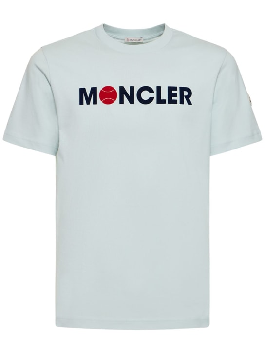 Moncler: T-shirt in jersey di cotone con logo - Blu - men_0 | Luisa Via Roma