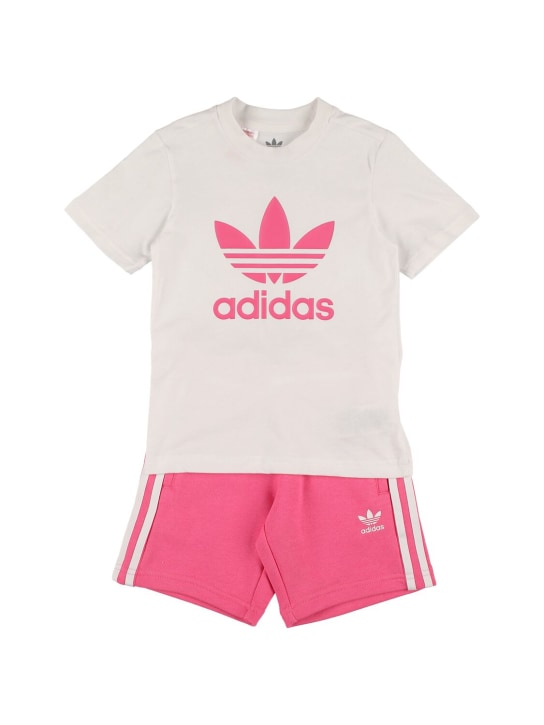 adidas Originals: T-shirt & short en coton imprimé logo - Blanc/Rose - kids-girls_0 | Luisa Via Roma