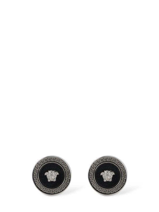 Versace: Metal logo earrings - Silver/Black - men_0 | Luisa Via Roma