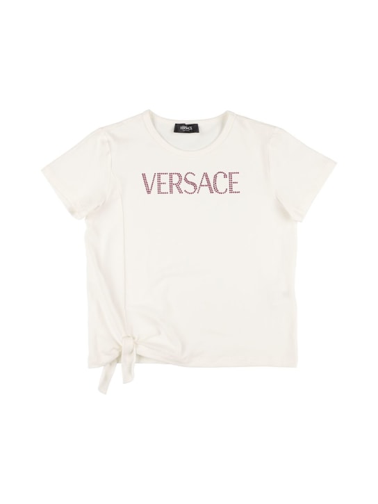 Versace: 刺绣棉质平纹针织T恤 - 白色/粉色 - kids-girls_0 | Luisa Via Roma
