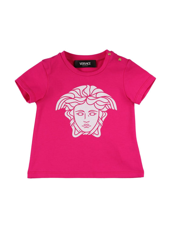 Versace: T-shirt in jersey di cotone stampato - Fucsia - kids-girls_0 | Luisa Via Roma