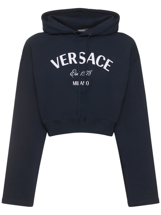 Versace: Sweat-shirt en jersey à logo - Bleu Marine/Blanc - women_0 | Luisa Via Roma