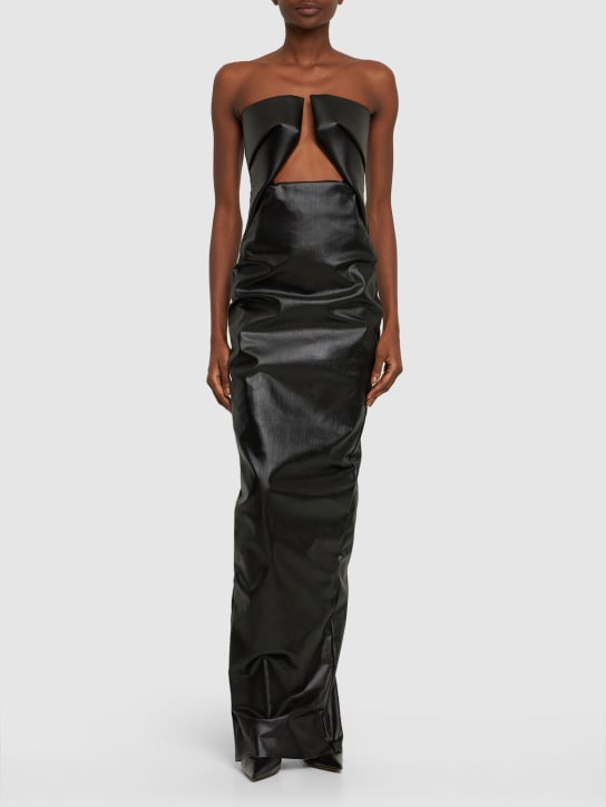 Rick Owens: Prong coated denim strapless maxi dress - Siyah - women_1 | Luisa Via Roma