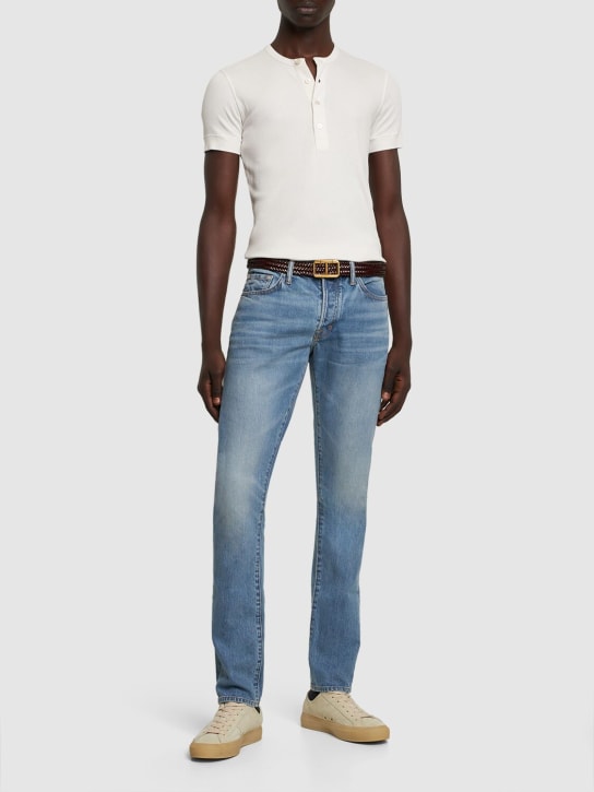 Tom Ford: T-shirt Henley in cotone e lyocell - Gesso - men_1 | Luisa Via Roma