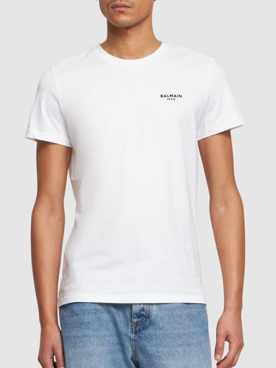 Balmain: Flocked logo organic cotton t-shirt - White - men_2 | Luisa Via Roma