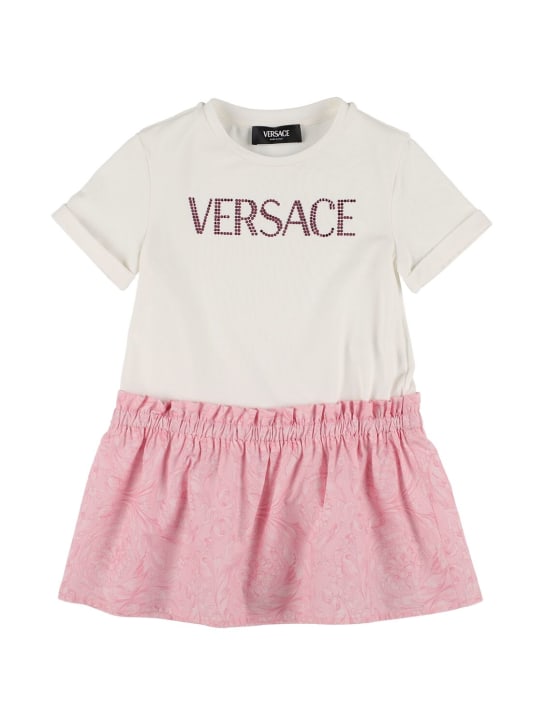 Versace: Robe en popeline et jersey de coton imprimé - Blanc/Rose - kids-girls_0 | Luisa Via Roma
