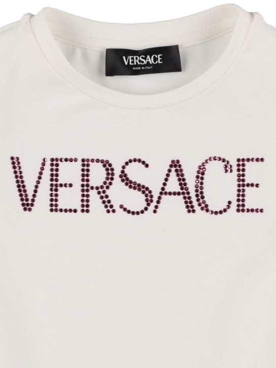 Versace: Vestito in jersey e popeline di cotone stampato - Bianco/Rosa - kids-girls_1 | Luisa Via Roma