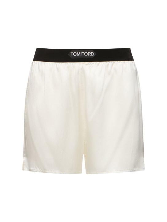 Tom Ford: Shorts mini de satén de seda con logo - Blanco - women_0 | Luisa Via Roma