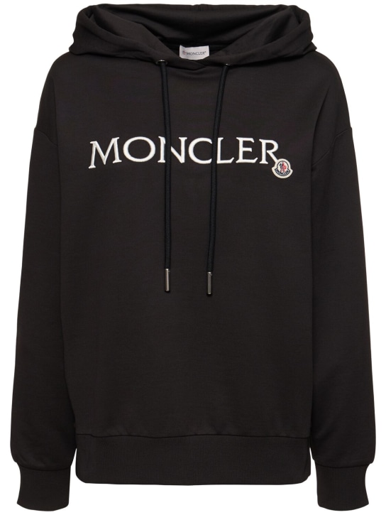 Moncler: Logo刺绣棉质平纹针织连帽卫衣 - 黑色 - women_0 | Luisa Via Roma