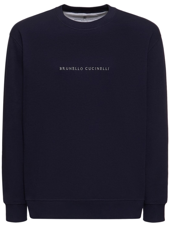 Brunello Cucinelli: Embroidered logo cotton sweatshirt - Koyu Mavi - men_0 | Luisa Via Roma