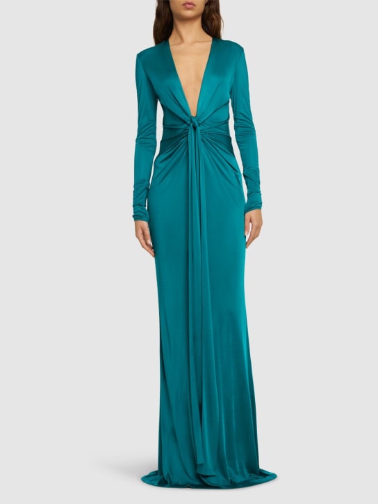 Roberto Cavalli: Long sleeve v neck maxi dress w/ knot - Turquoise - women_1 | Luisa Via Roma
