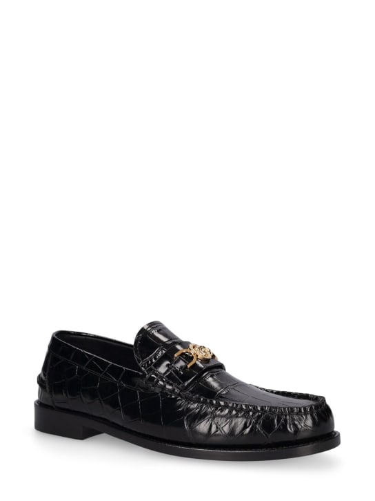 Versace: Medusa croc embossed leather loafers - Black/Gold - men_2 | Luisa Via Roma