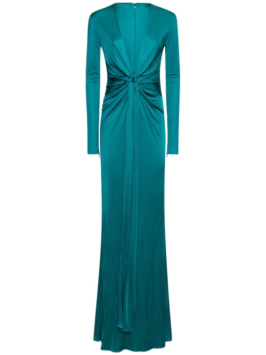 Roberto Cavalli: Long sleeve v neck maxi dress w/ knot - Turquoise - women_0 | Luisa Via Roma